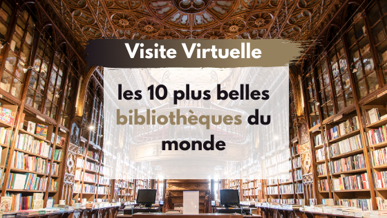 Bannière avec une photo de bibliothèque et un texte disant "Visite Virtuelle, les dix plus belles bibliothèques du monde"
